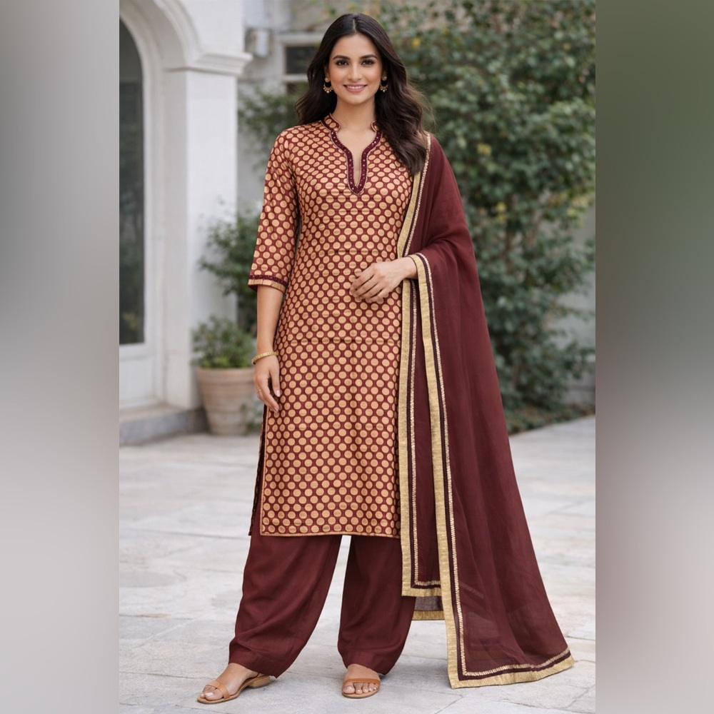NEW Silk Brocade 3-Piece Indian Party Wear Suit Set Maroon Gold Polka Kurti – XL